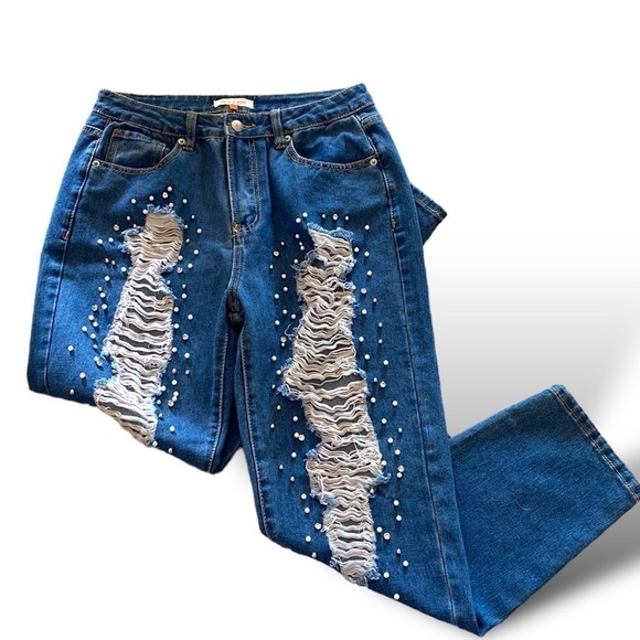 High Waist Ripped Rhinestone Pearl & Silver Ball Embellished Straight Leg Jean… - Picture 9 of 10